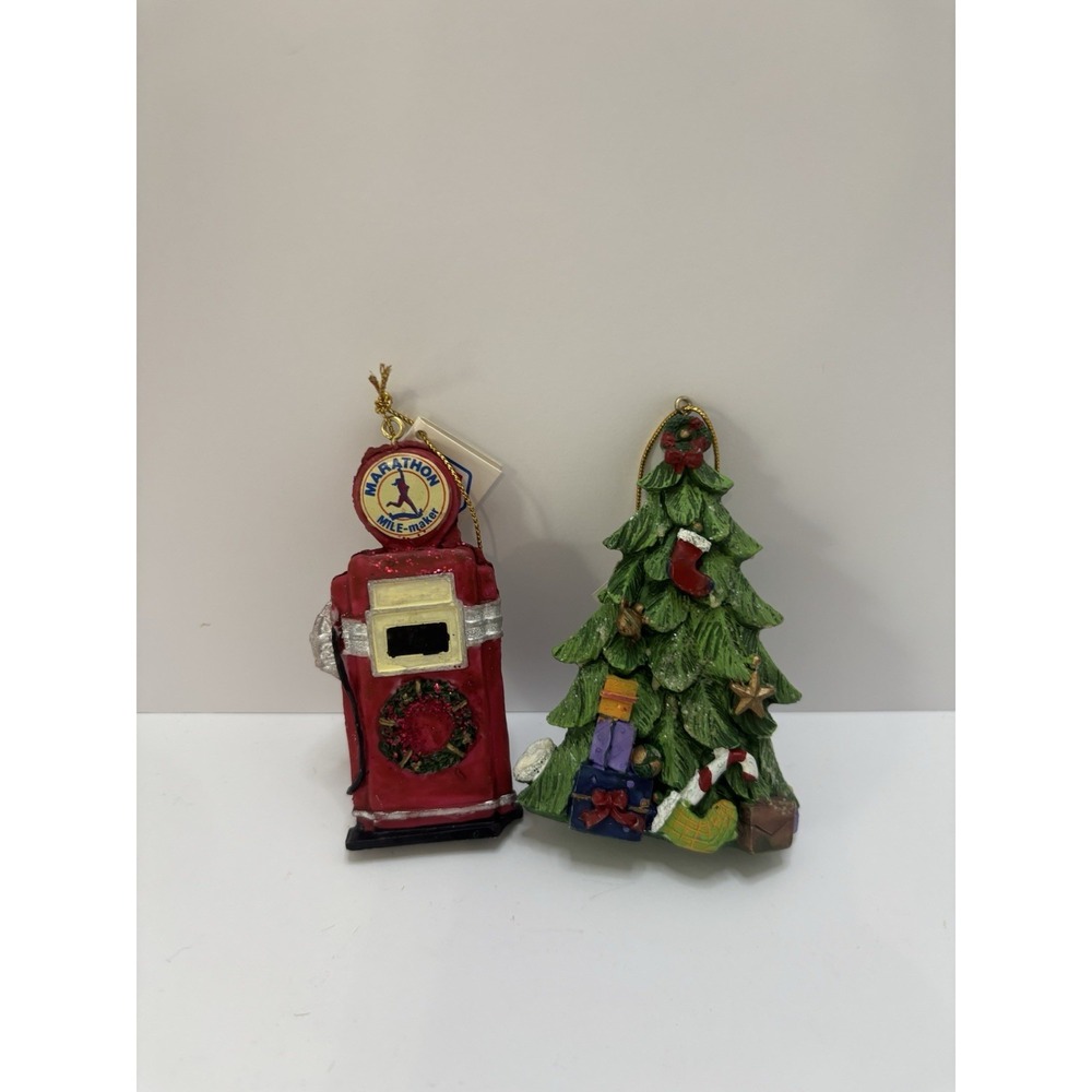 Lot of 2 Vintage Marathon Oil Collectible Christmas Ornaments Tree‎ & Gas Pump
